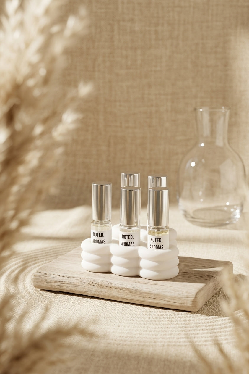 Cloud Perfume Sample Stand white on travertine slab eucalyptus branches glass vase bright airy