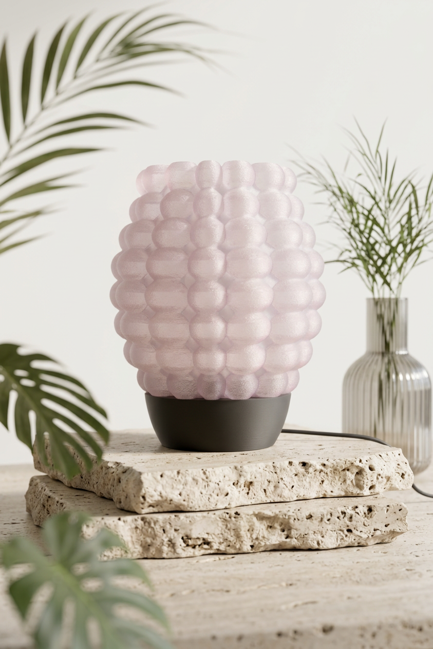 Bubble Glow Lamp white bubble texture shade black base driftwood pampas glass vase boho editorial