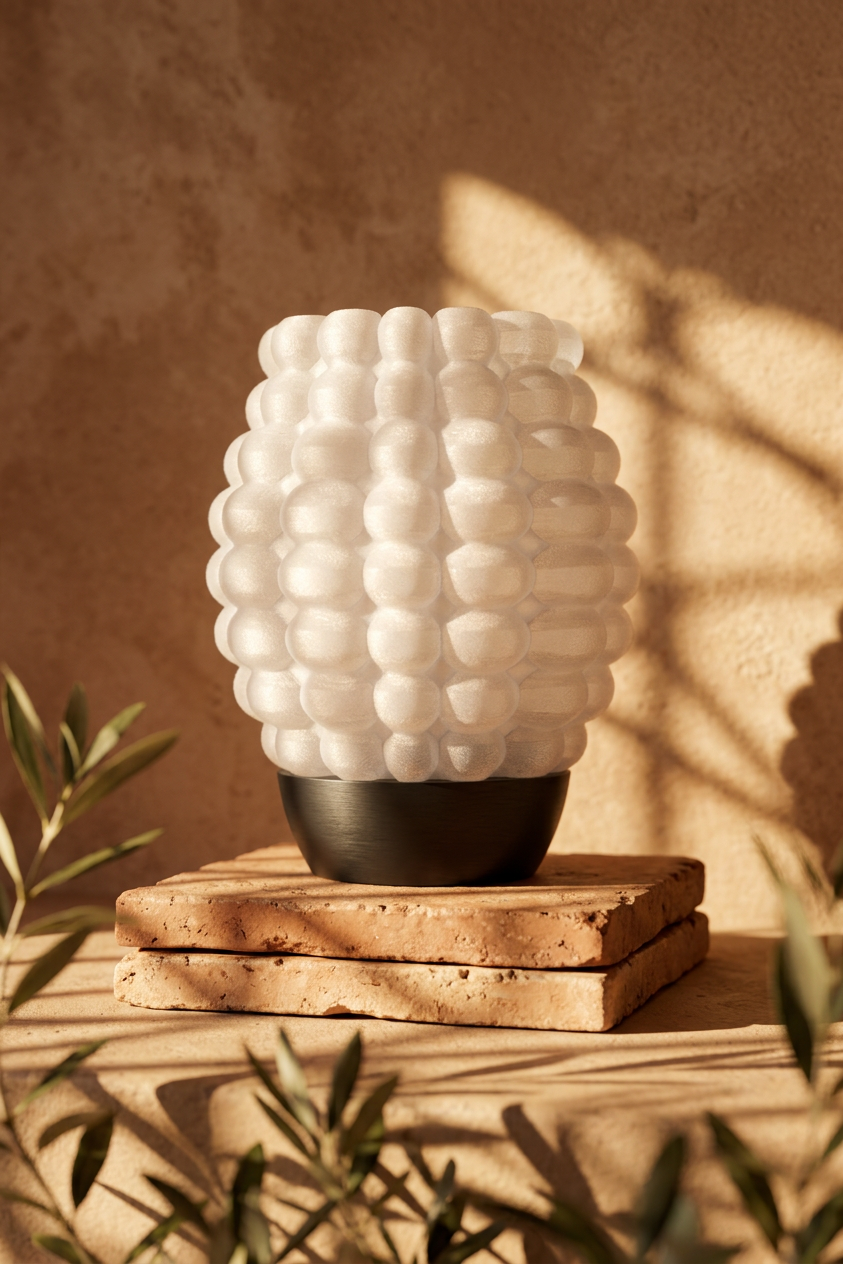 Bubble Glow Lamp pink glowing bubble texture shade black base lifestyle warm ambient bedroom editorial