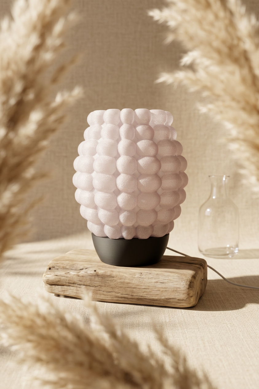 Bubble Glow Lamp white bubble texture shade black base product shot clean white background