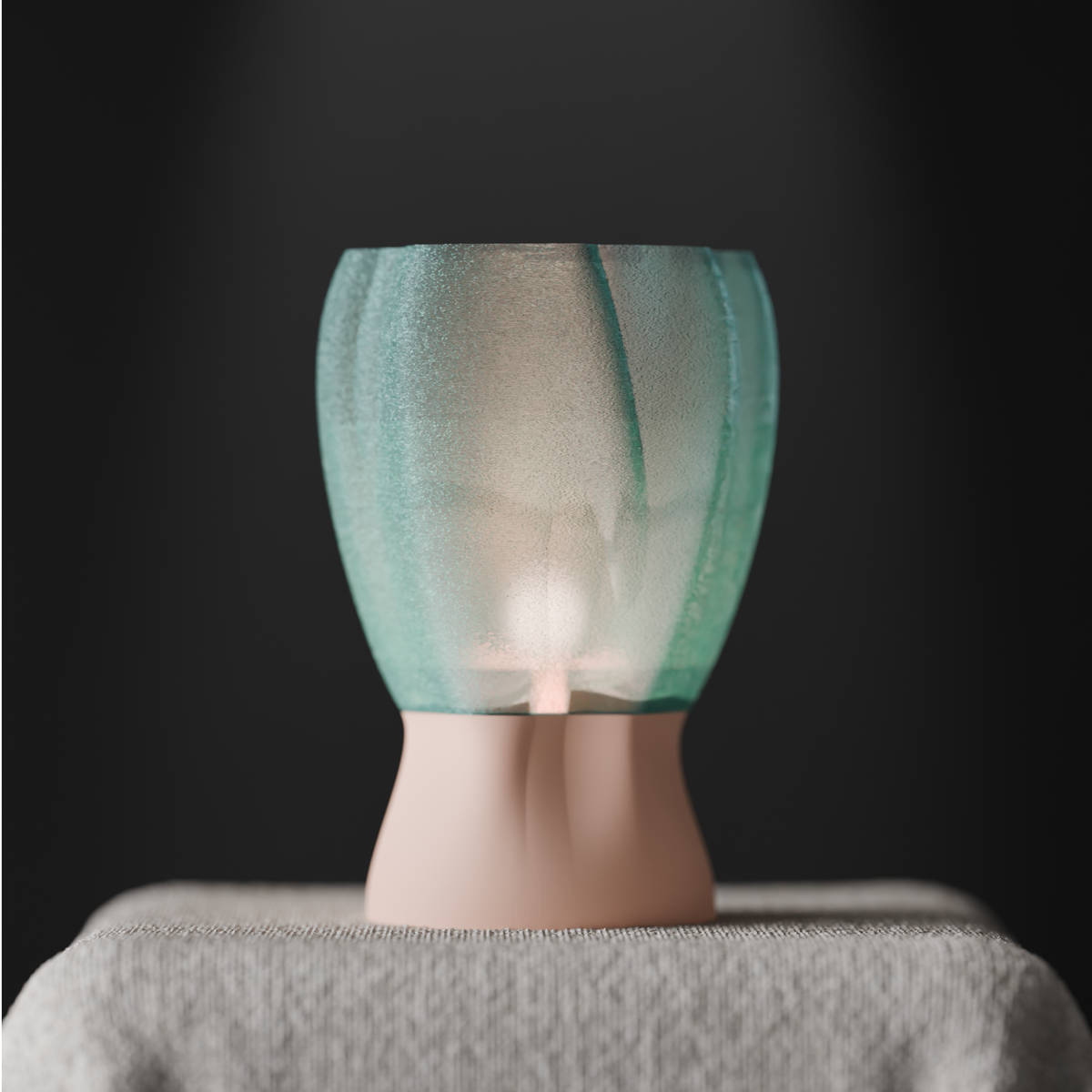 Draped organic flow lamp blue on travertine tiles with eucalyptus botanical lifestyle