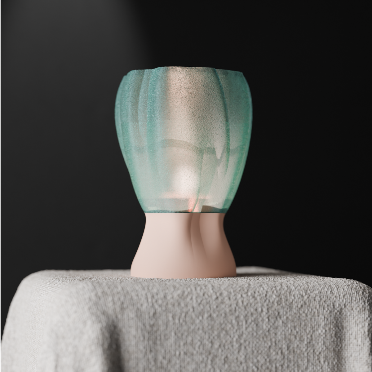 Draped organic flow lamp render front view showing flowing draped form and black base
