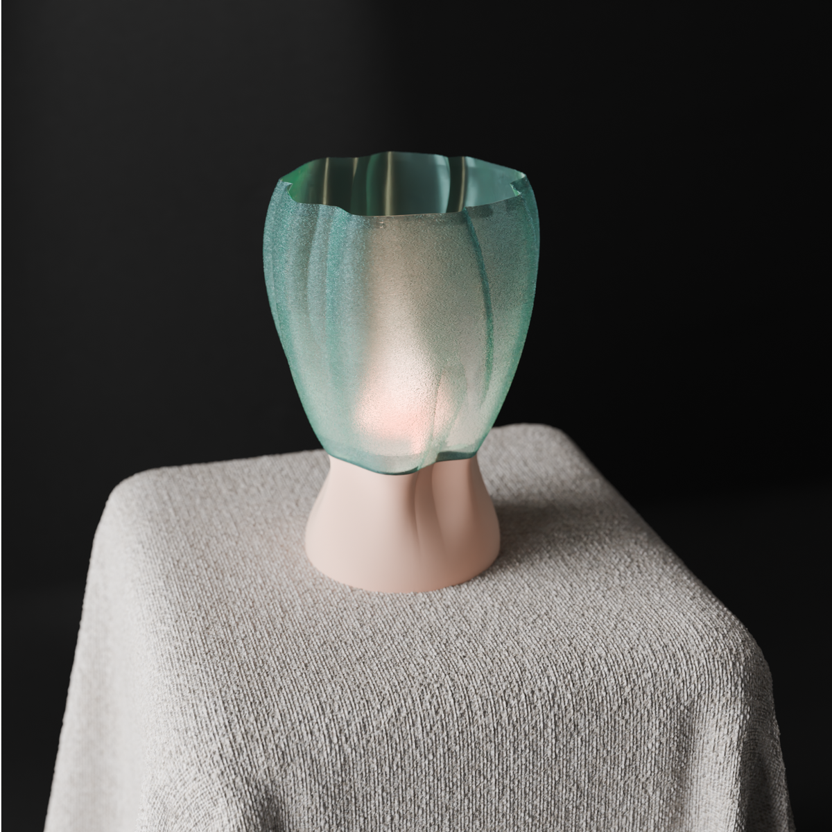 Draped organic flow lamp render three quarter view showing draped surface and hourglass base
