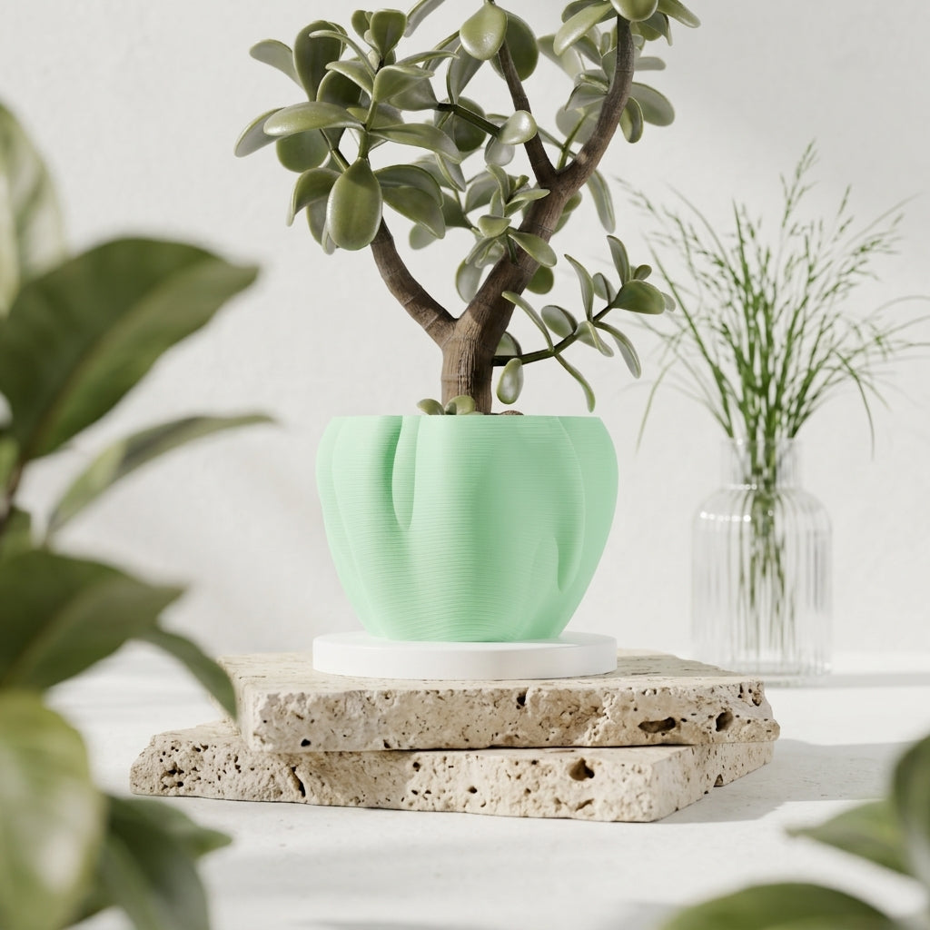 Sage green organic flowing planter with jade tree on driftwood board with pampas grass boho lifestyle