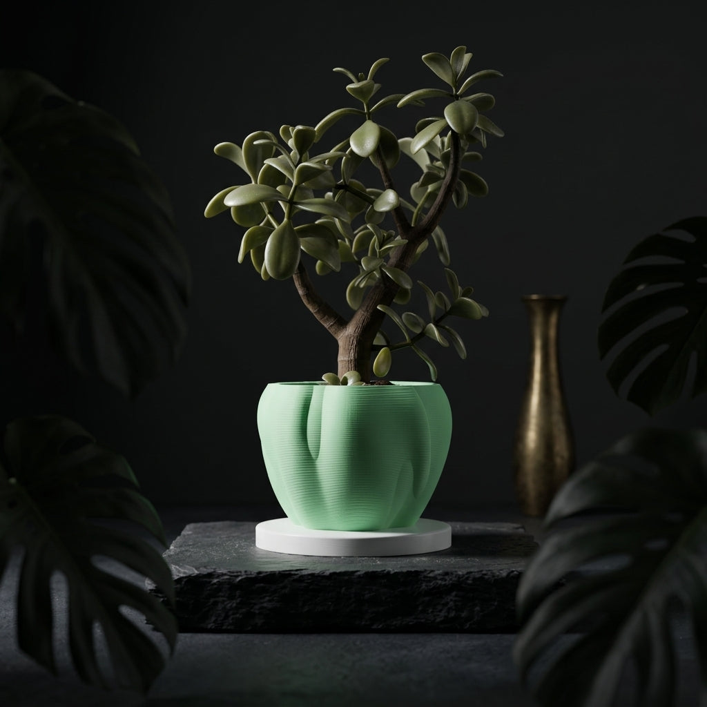 Sage green organic flowing planter with jade tree floating among colourful geometric shapes editorial