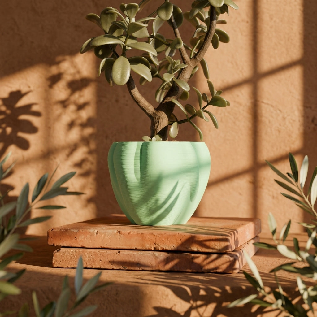 Sage green organic flowing planter with jade succulent close up showing petal lobe surface detail