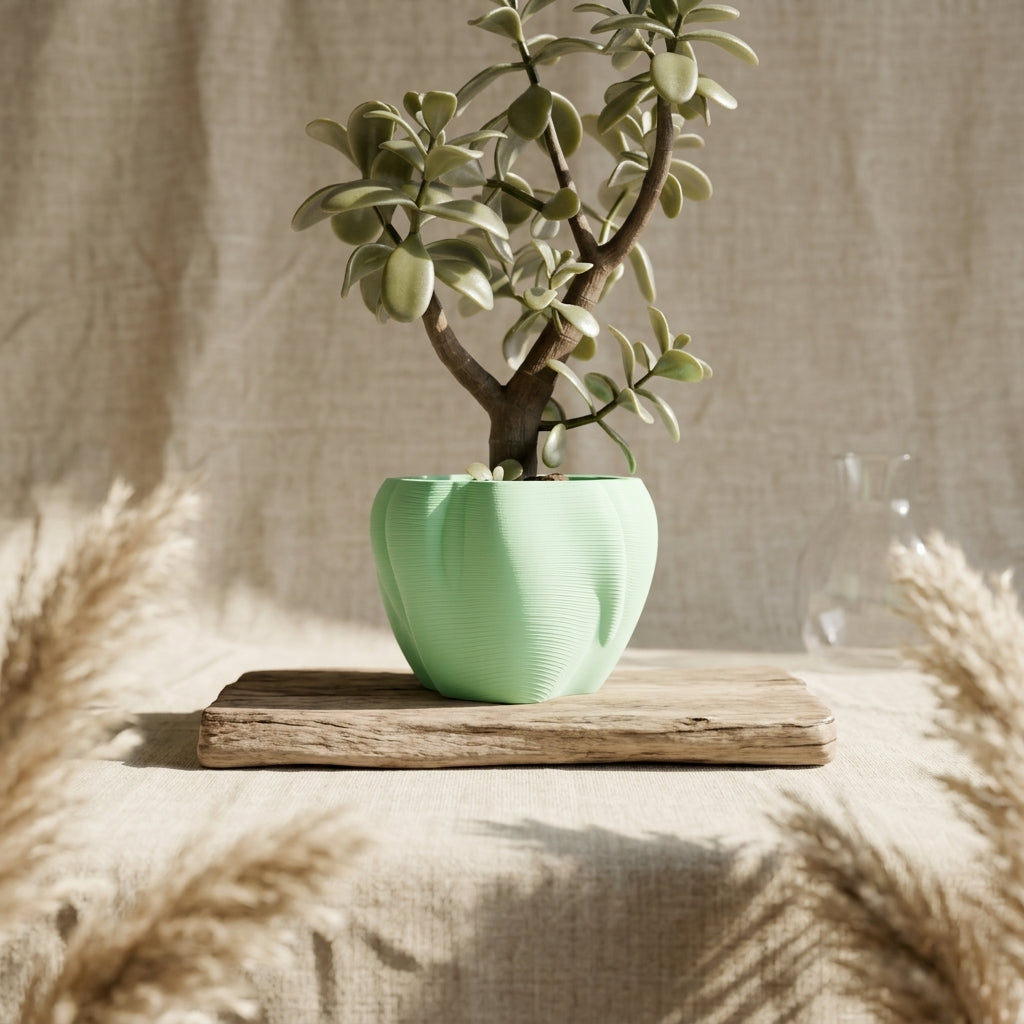 Sage green organic flowing planter render front view showing full petal lobe form