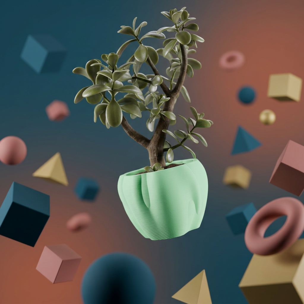 Sage green organic flowing planter render three quarter view showing flowing surface and proportions