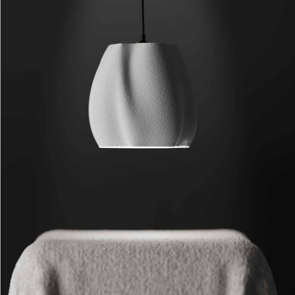Organic flowing pendant lamp shade render front view showing full flowing form and E27 top fitting