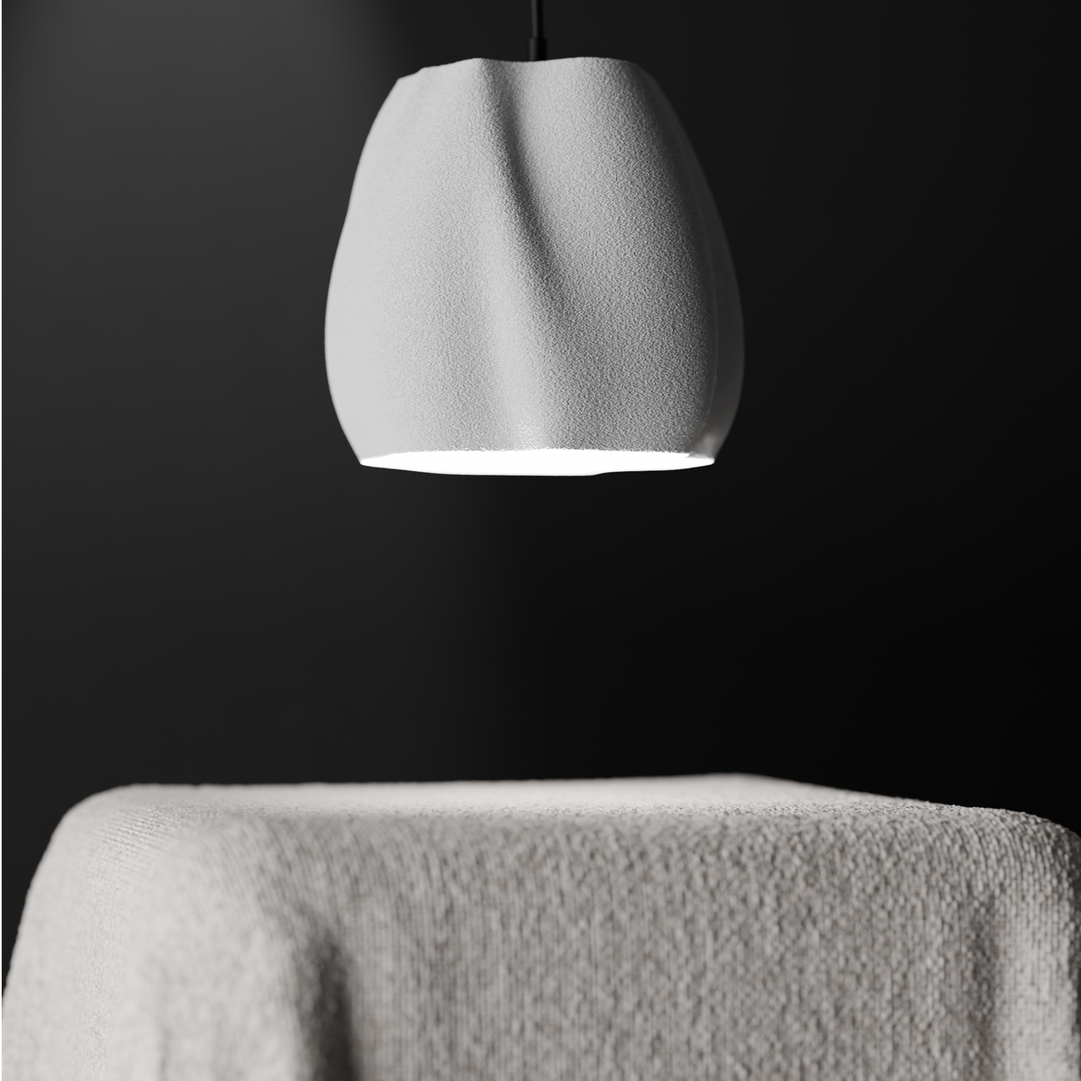 Organic flowing pendant lamp shade render three quarter view showing undulating draped surface