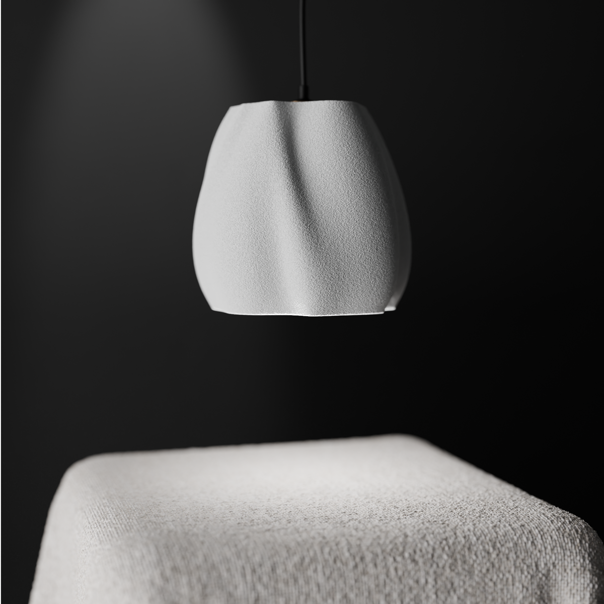 Organic flowing pendant lamp shade render side profile showing full height and proportions