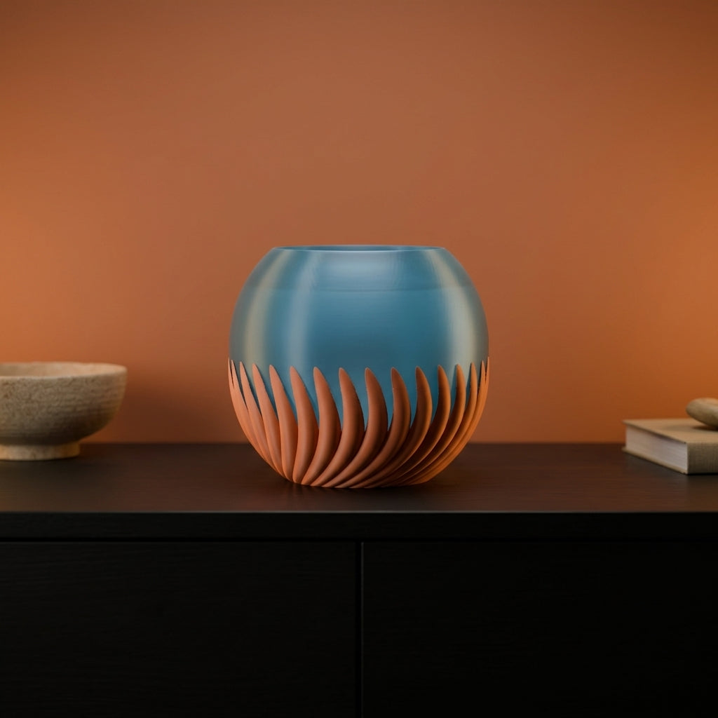 Modern Sphere E27 Lamp lifestyle on sideboard terracotta wall