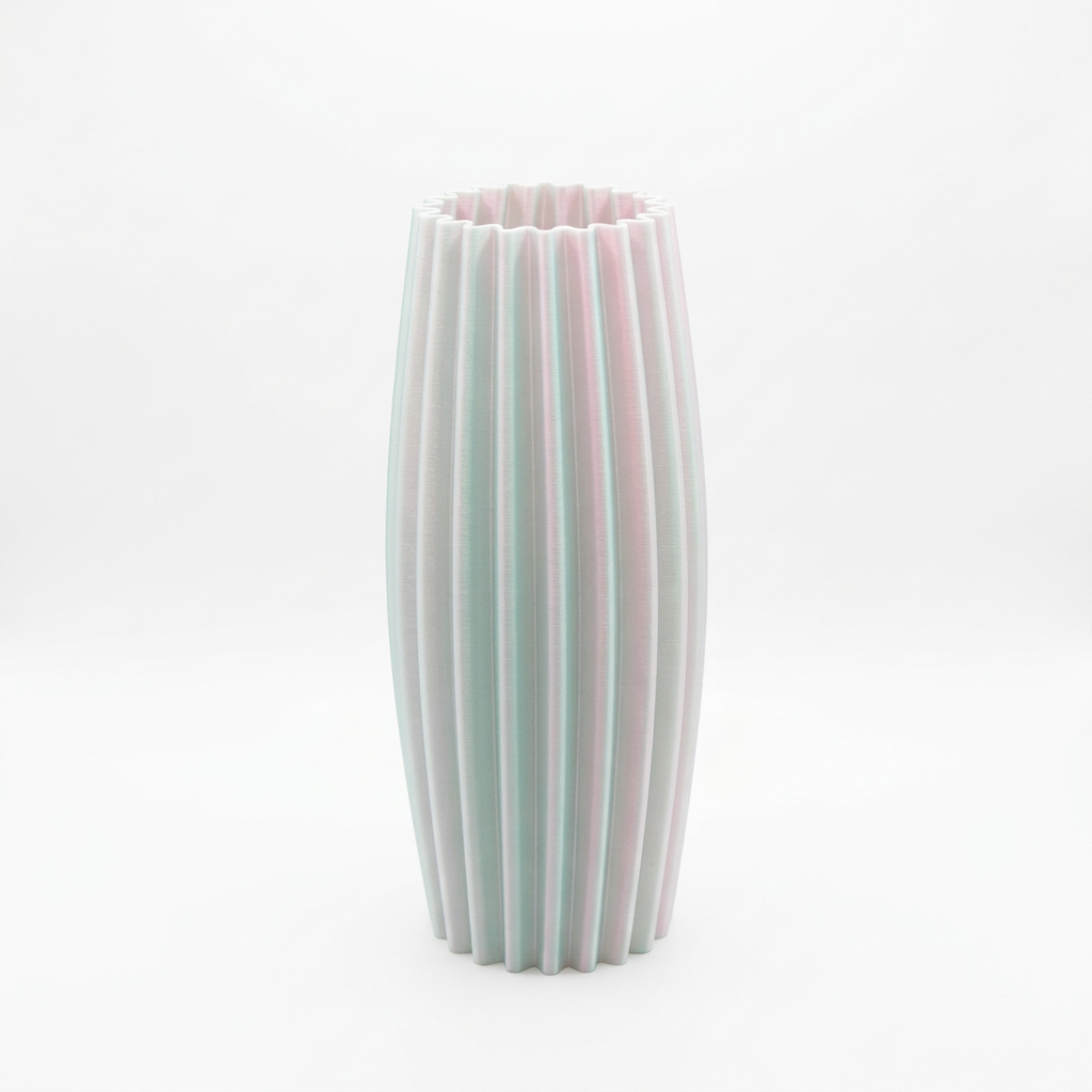 Simple Elegant Ribbed Vase mint green pink on oak sideboard moody warm lifestyle