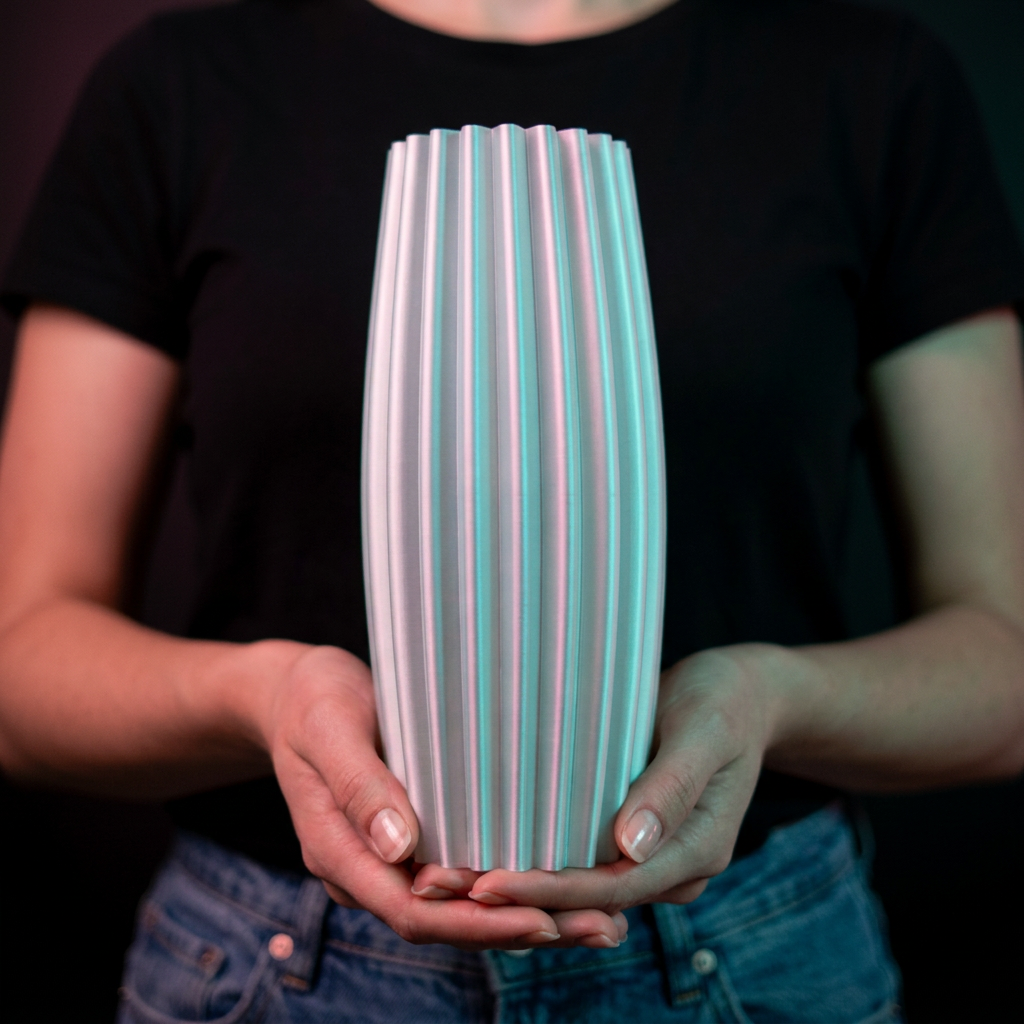 Simple Elegant Ribbed Vase mint green pink pastel geometric props peach background editorial