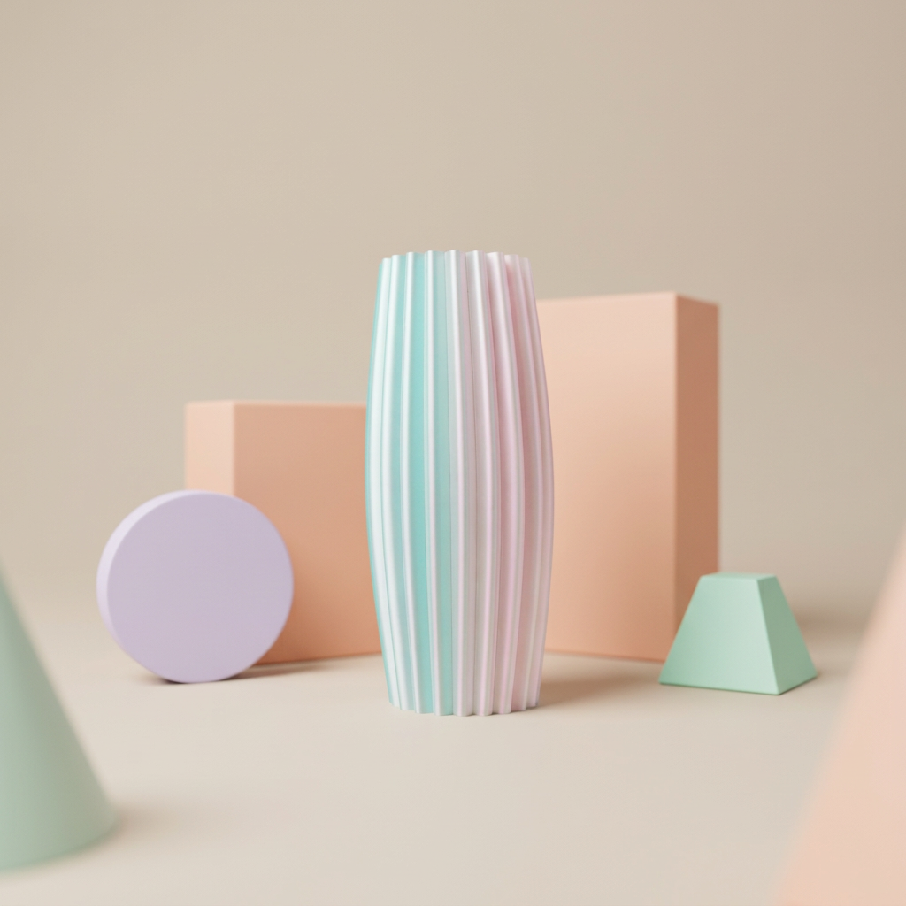 Simple Elegant Ribbed Vase Fat Middle mint green pink kraft paper eucalyptus ceramic shards flatlay overhead