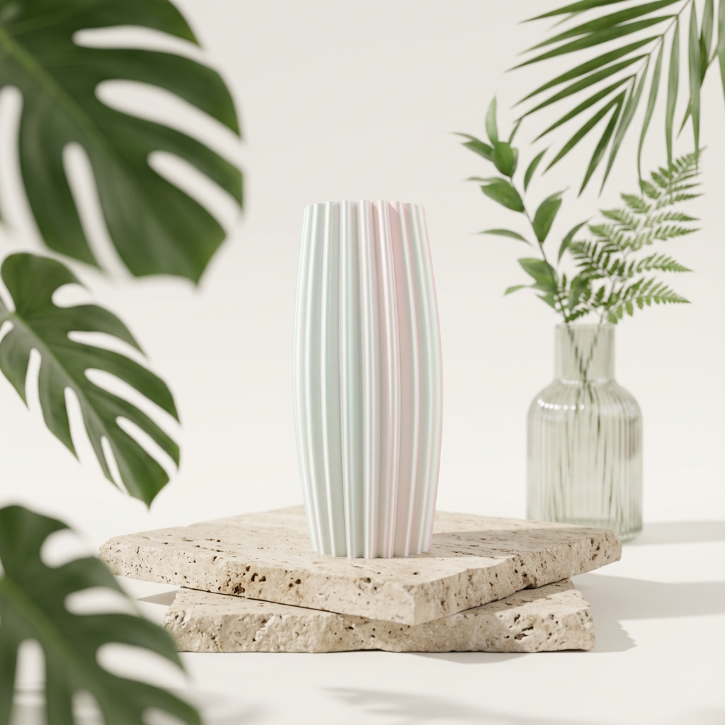 Simple Elegant Ribbed Vase pink floating geometric shapes editorial CGI background
