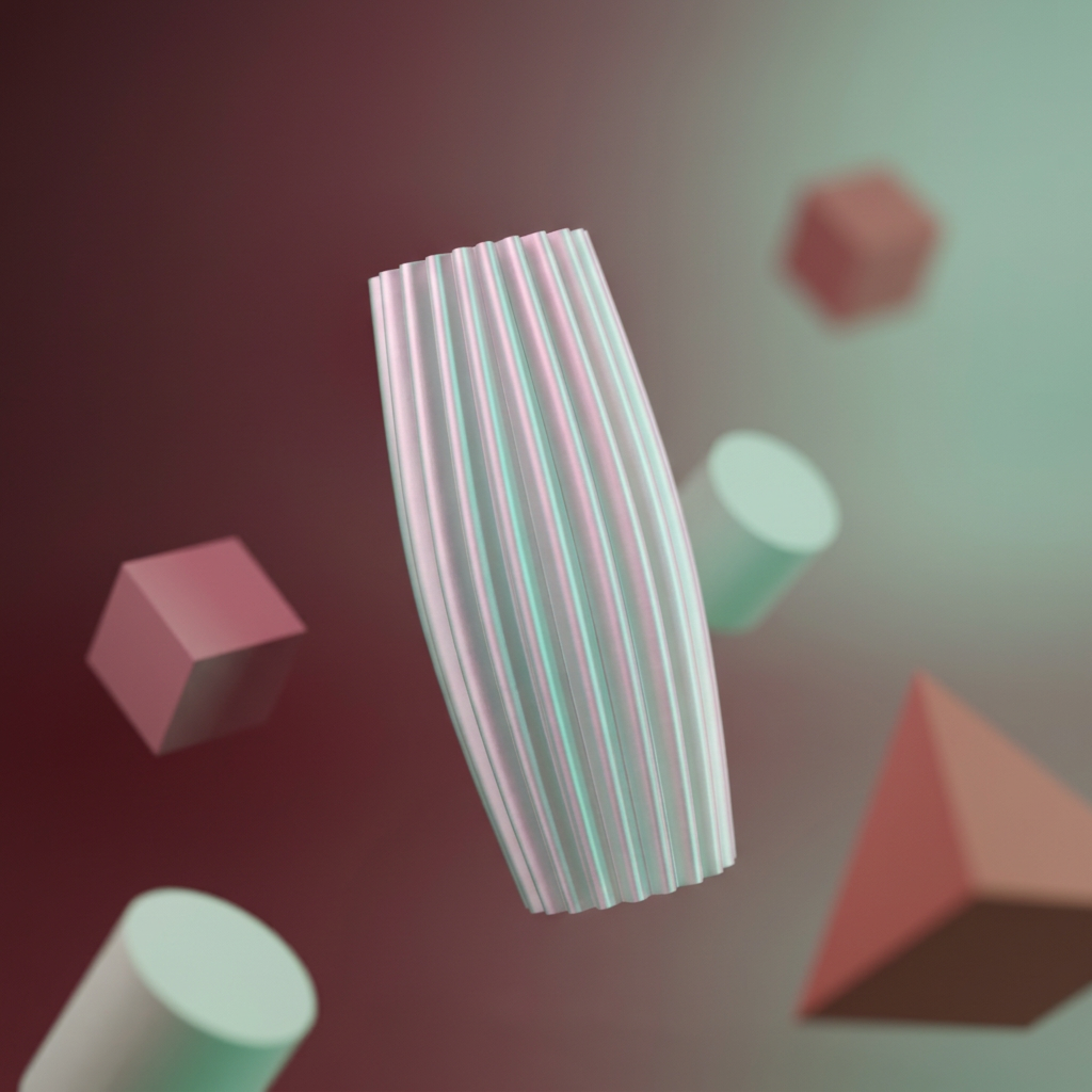 Simple Elegant Ribbed Vase Fat Middle mint green pink floating geometric shapes burgundy mint CGI editorial angle