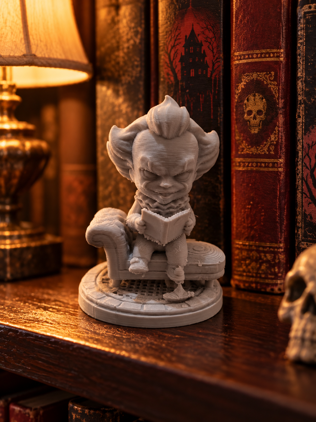 Unpainted horror character figurine seated on a round base with autumn pumpkins and leaves