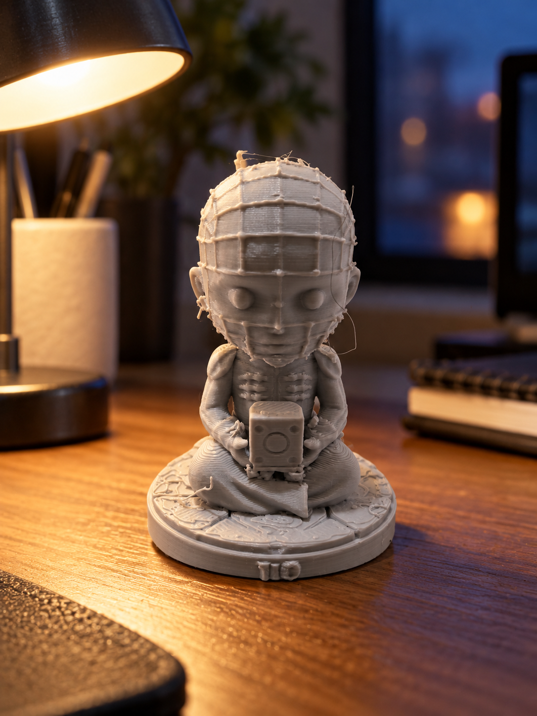 Unpainted hooded horror character figurine seated in a chair on a round display base