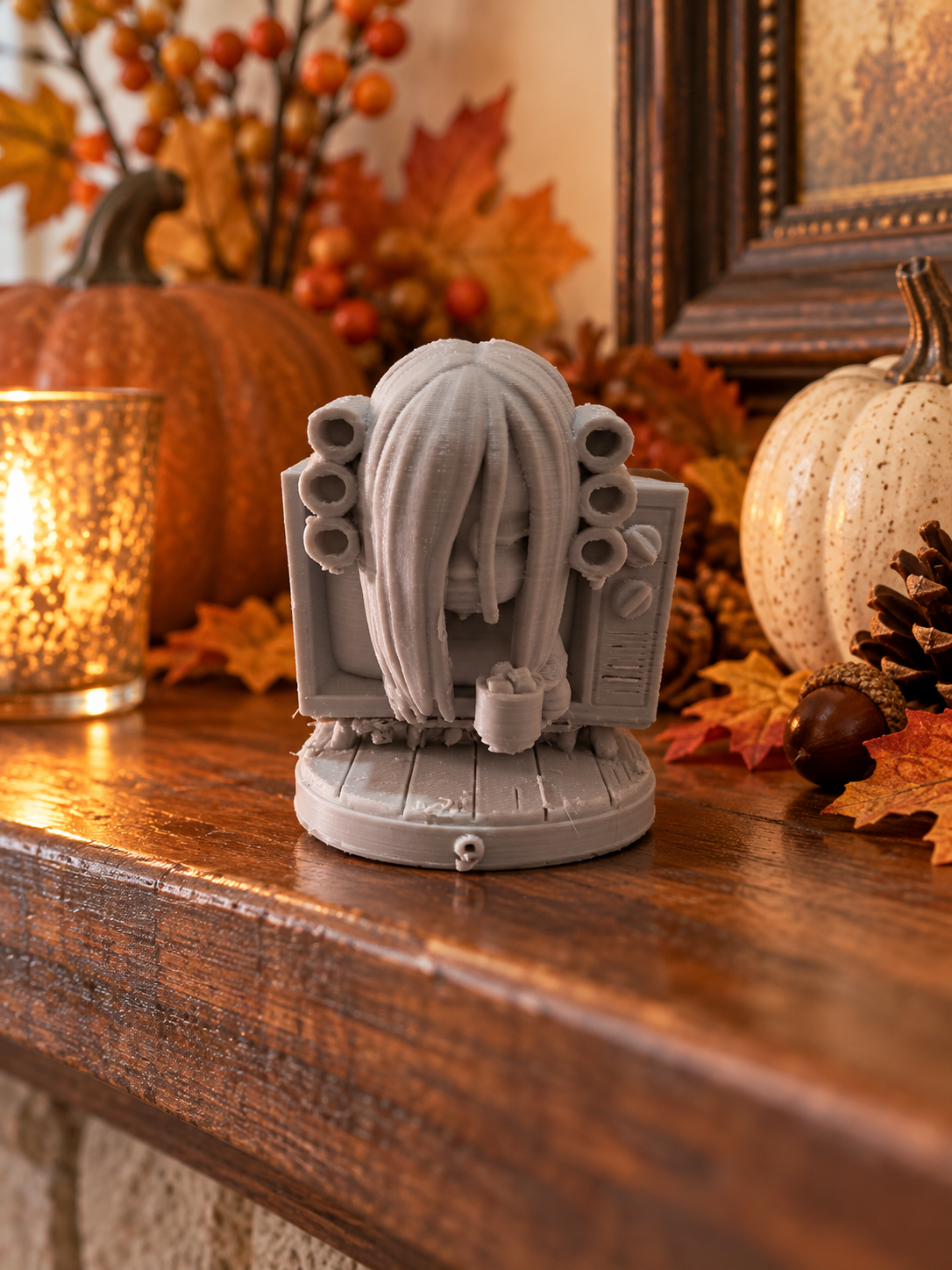 Unpainted gothic character figurine reading a book on a round display base