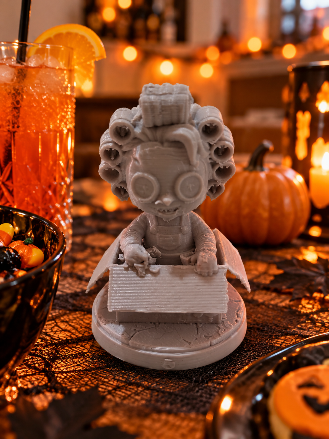 Unpainted spooky character figurine with long hair and props displayed with autumn décor