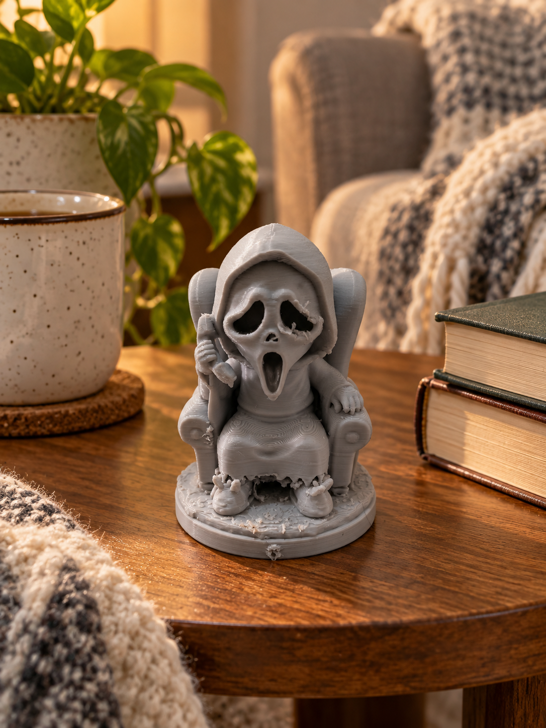 Unpainted horror character figurine with a bandaged head holding a small object on a round base
