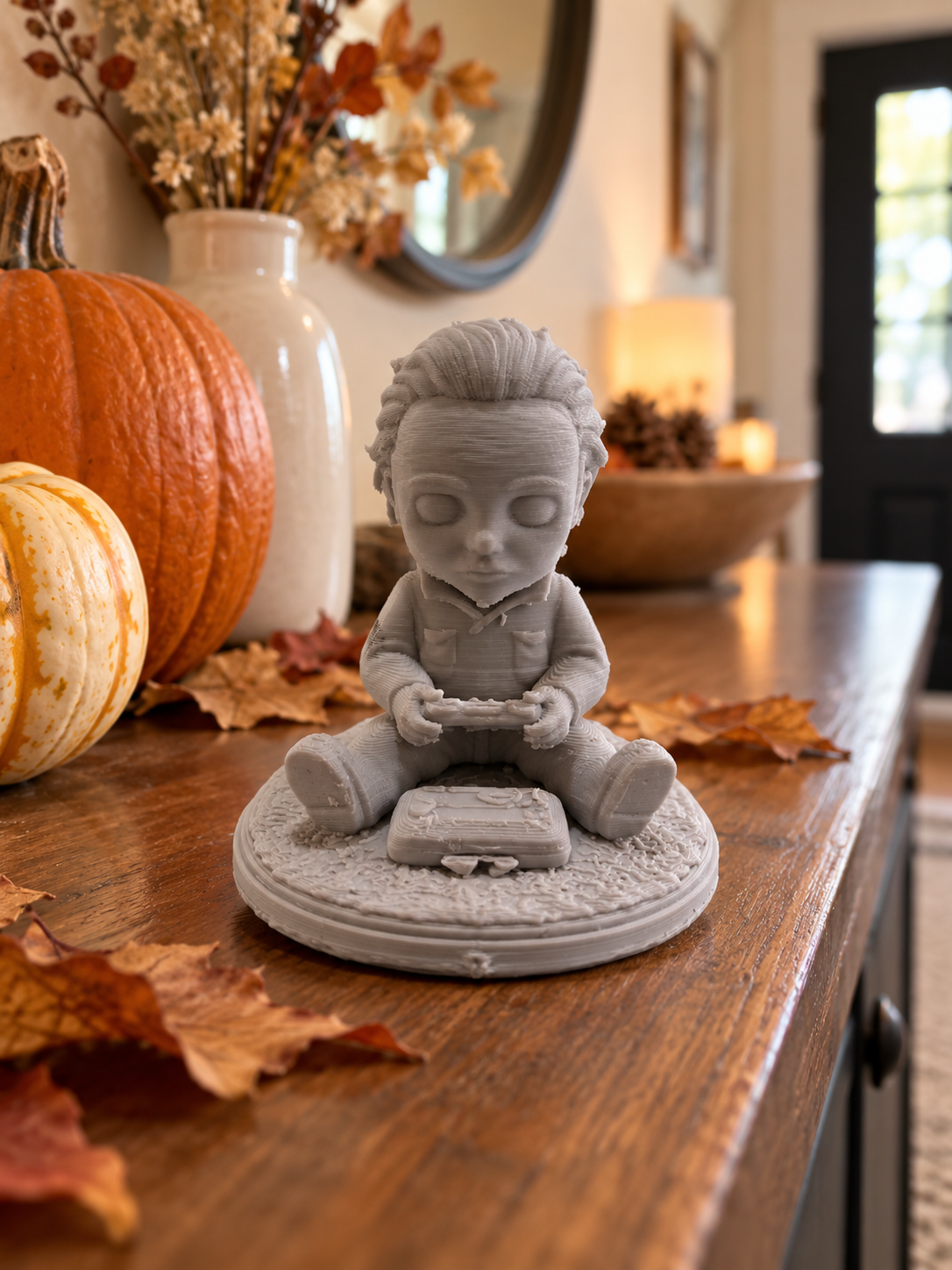 Unpainted cartoon-style horror character figurine wearing a hat and holding a small prop