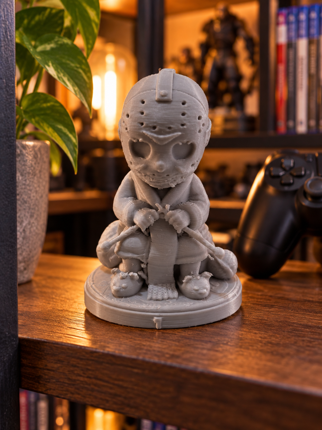 Unpainted monster character figurine with large eyes and wings styled in a Halloween display