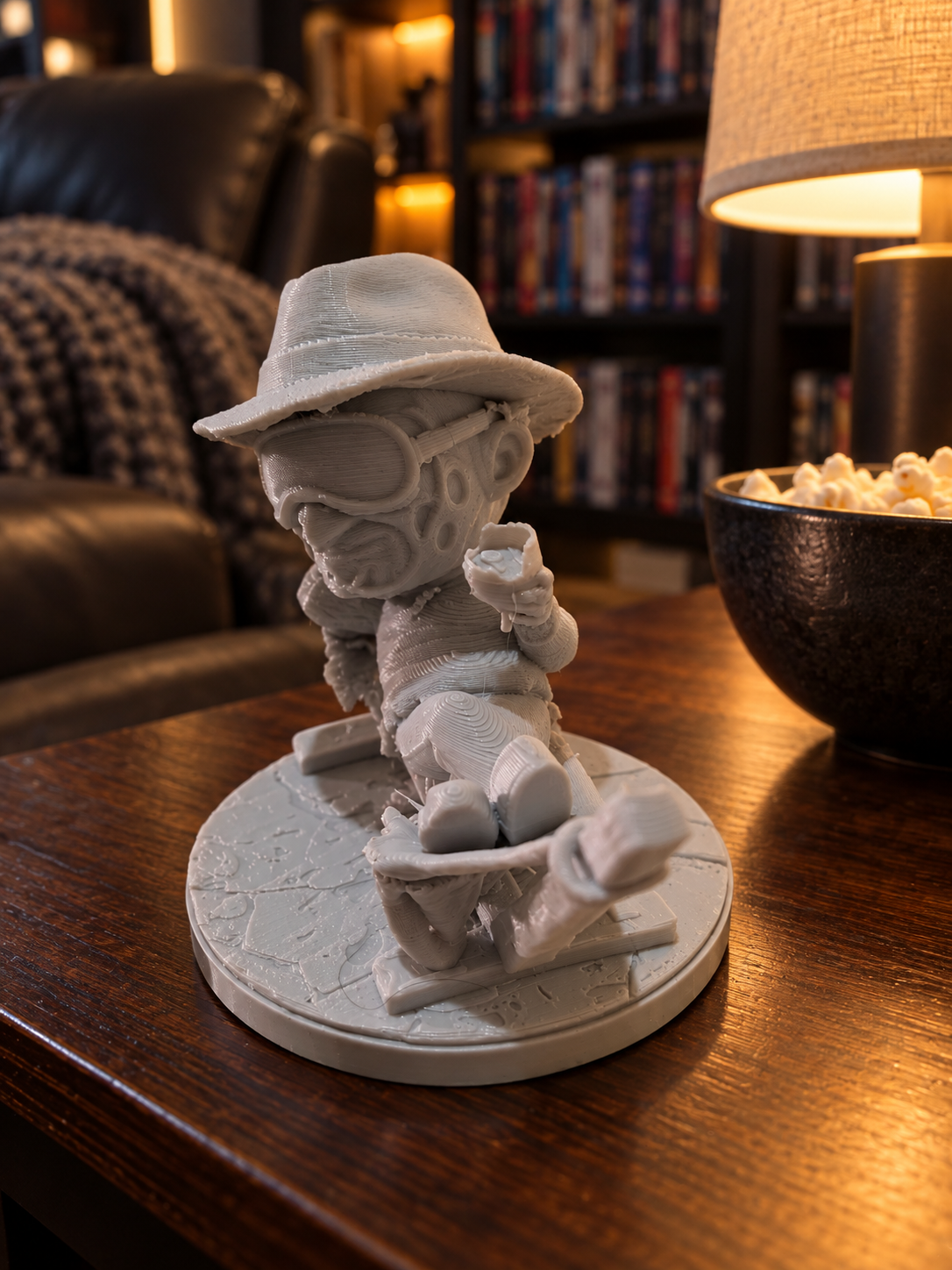 Unpainted eerie character figurine with a covered face displayed on a round base beside a game controller