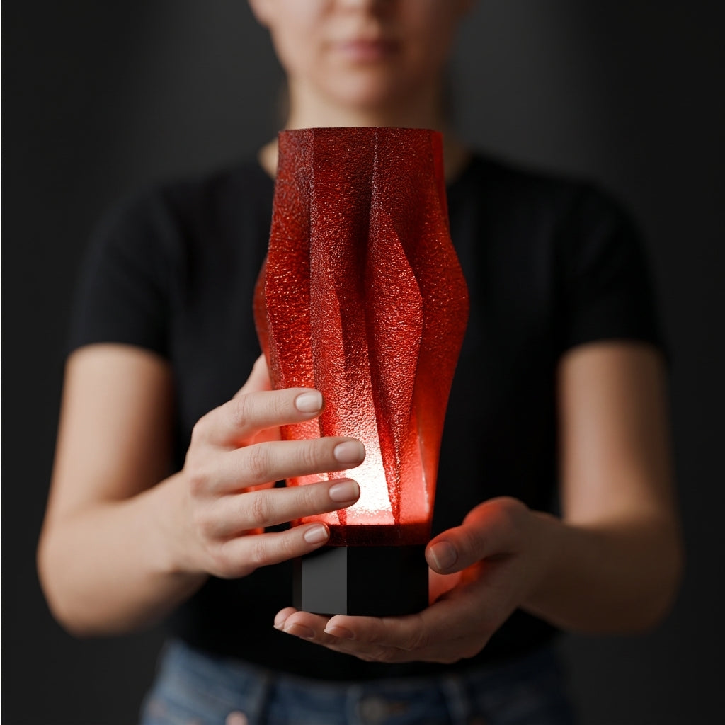 Sculptural Spiral Desk Lamp red shade black base on travertine stone glass carafe bright lifestyle