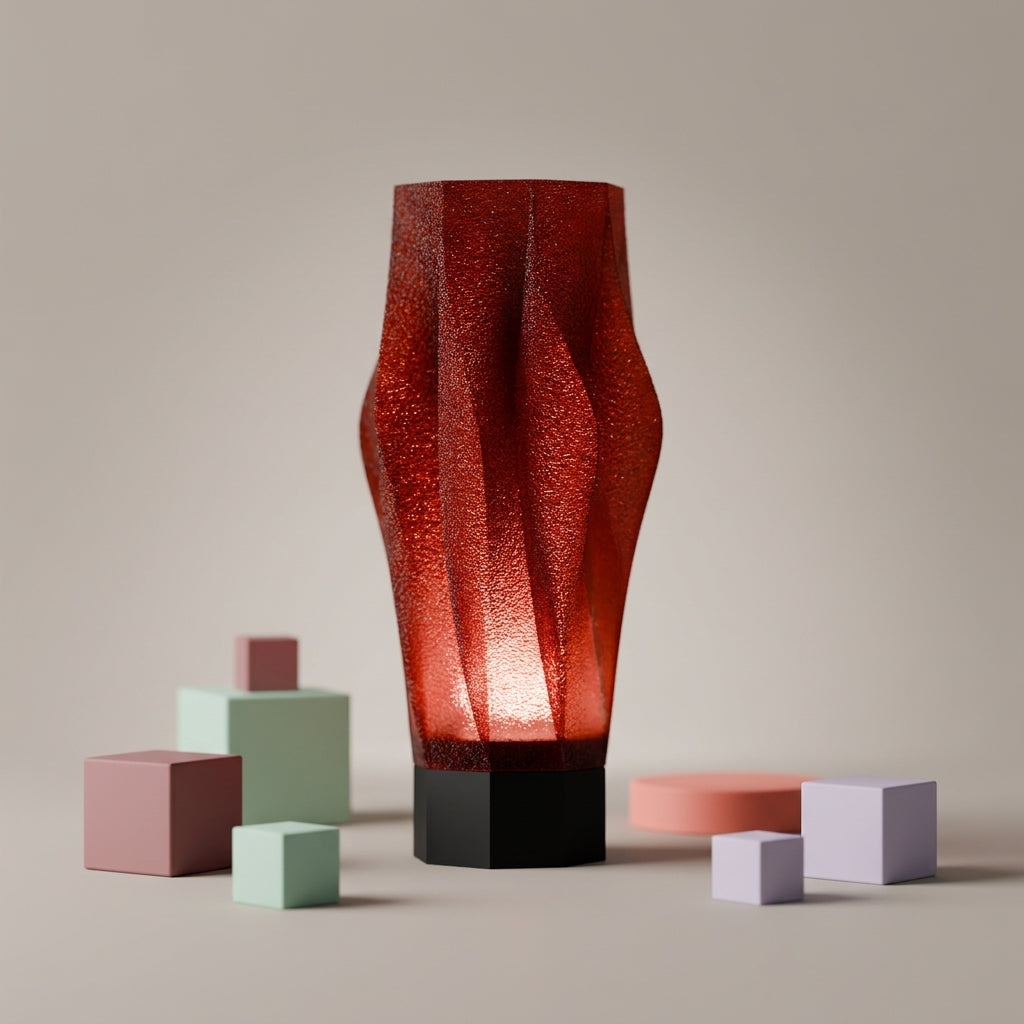 Sculptural Spiral Desk Lamp red shade black base on rustic brick tiles olive branches terracotta wall