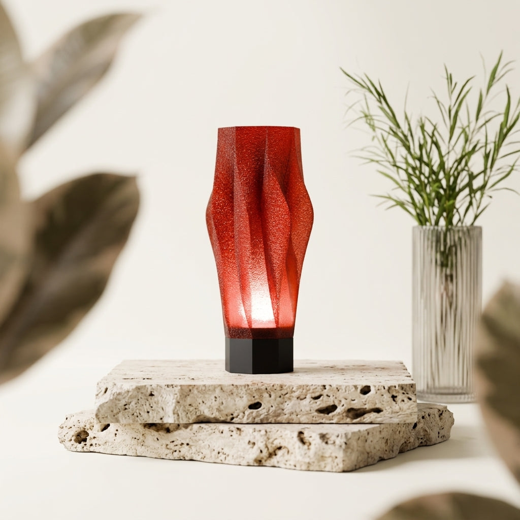 Sculptural Spiral Desk Lamp red shade black base dark monstera gold vase moody dark editorial