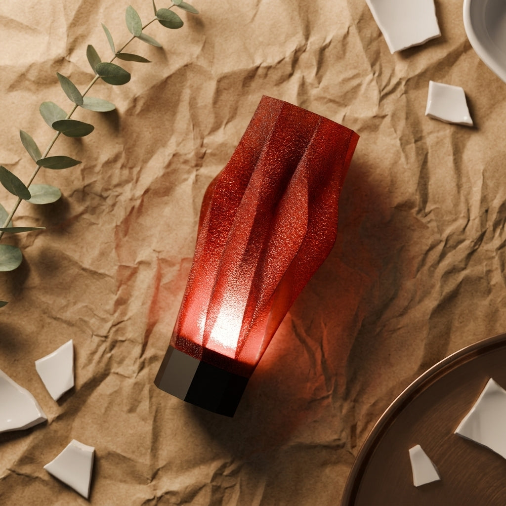 Sculptural Spiral Desk Lamp red shade black base on dark stone plinth dark background dark editorial