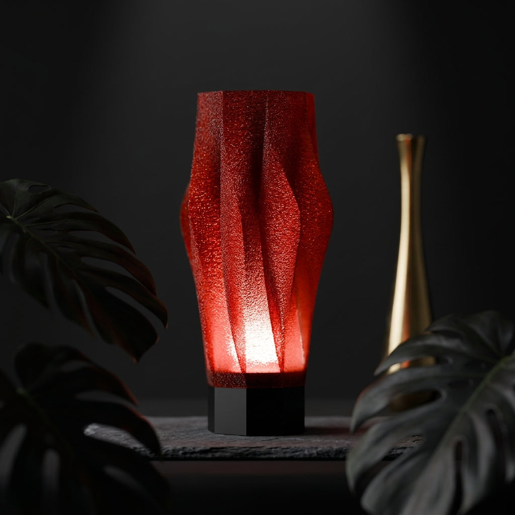 Sculptural Spiral Desk Lamp red shade black base on driftwood linen background pampas grass