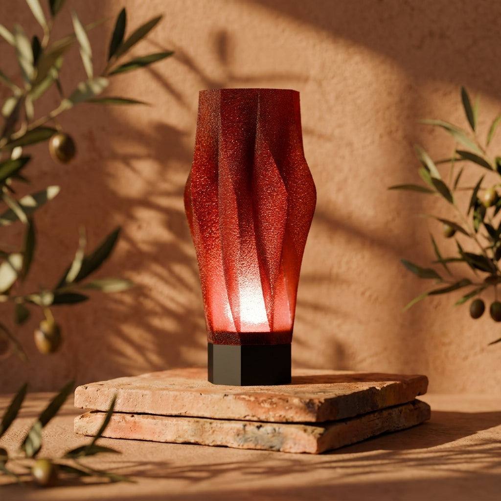 Sculptural Spiral Desk Lamp red shade black base on driftwood linen pampas glass bottle warm Japandi