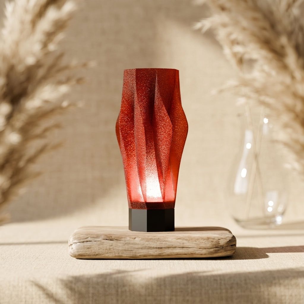 Sculptural Spiral Desk Lamp red shade black base on travertine stone glass vase bright airy Japandi