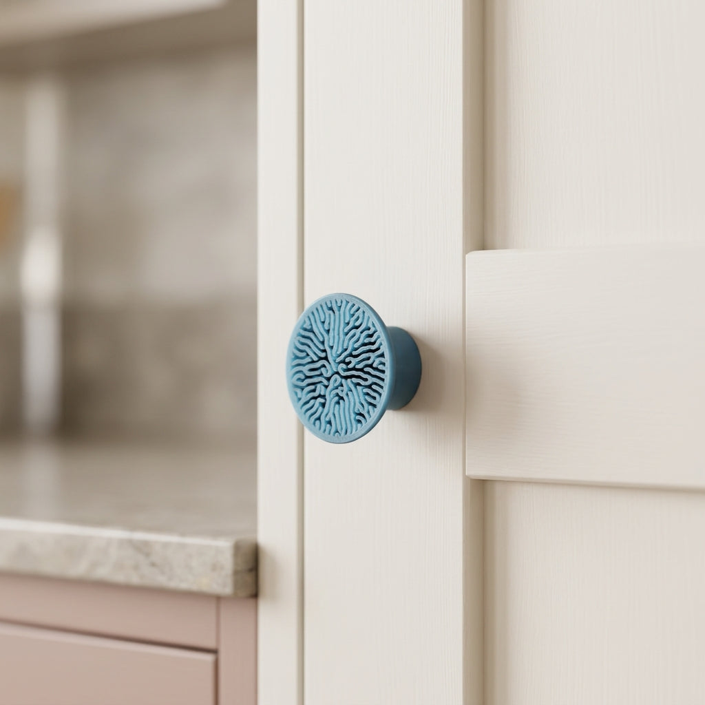 Modern Coral Pattern Cabinet Knob - installed on white cabinet