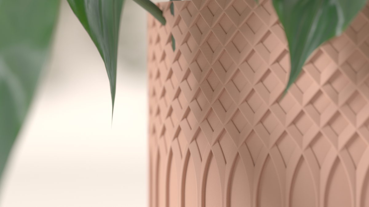Two-Tone Textured Planter blush pink with blue base close up lattice detail landscape