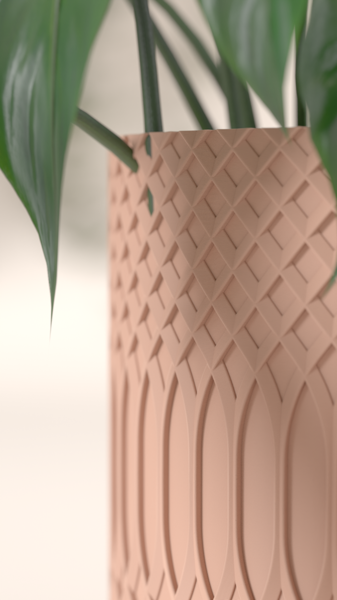 Two-Tone Textured Planter blush pink with blue base holding plant portrait render