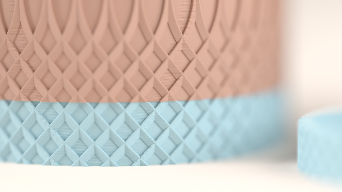 Two-Tone Textured Planter blush pink with blue base diamond weave lower band close up