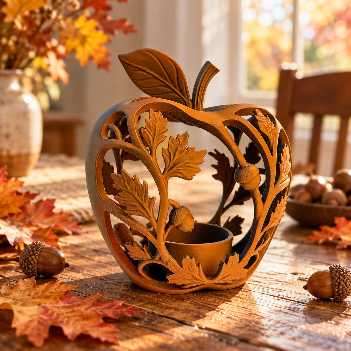 Brown apple-shaped leaf and acorn tealight holder on a pale tabletop in a bright neutral room