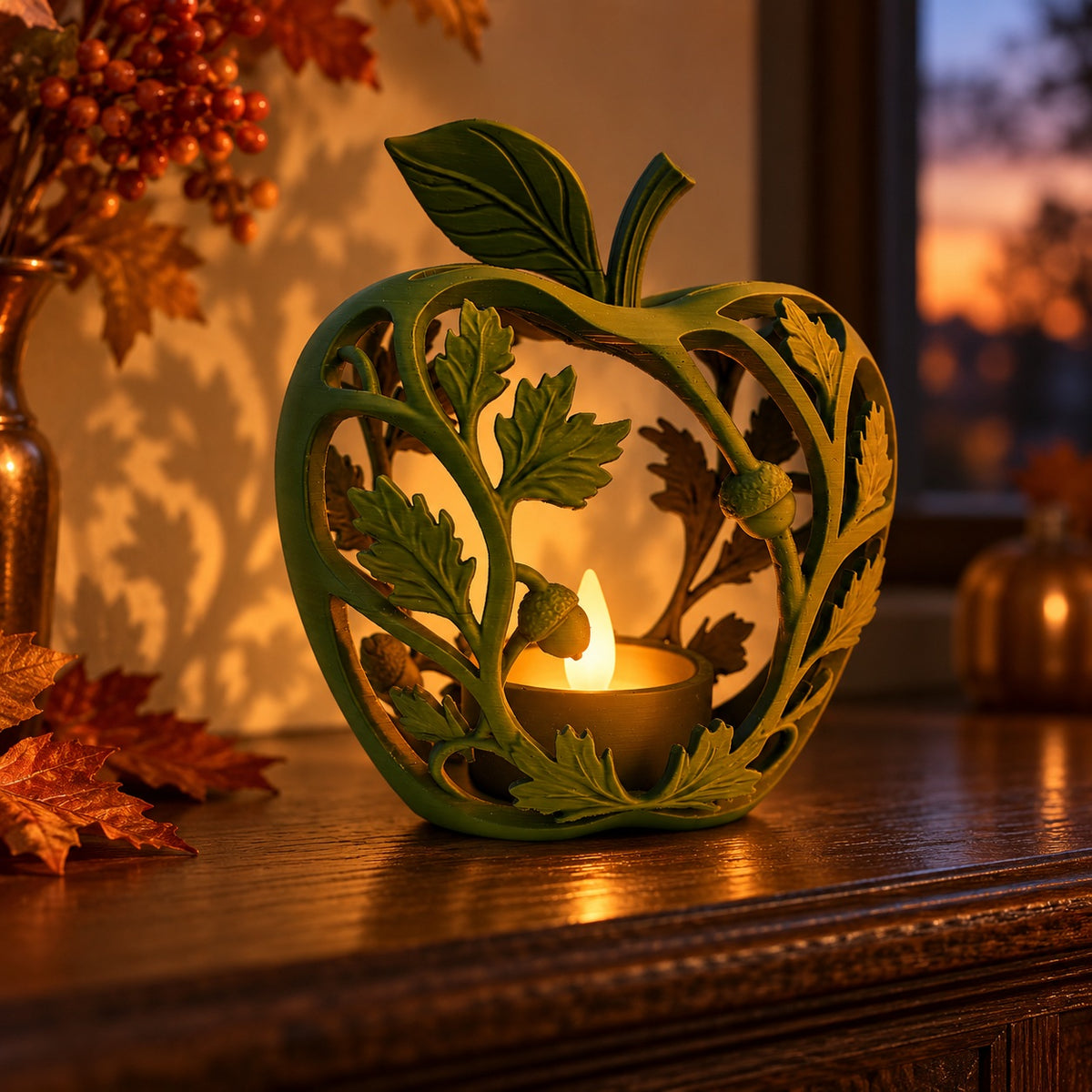 Brown and green Forest Fall tealight holders displayed with pumpkins and autumn leaves