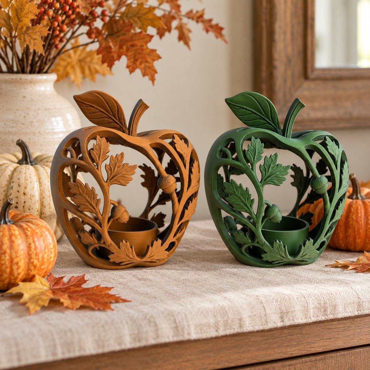 Glowing brown leaf-and-acorn tealight holder on a wood side table with autumn decor