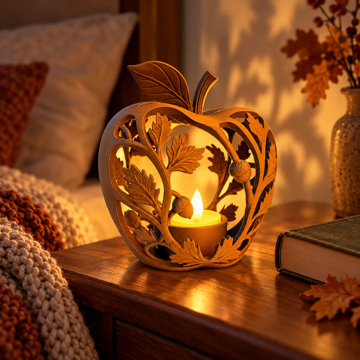 Close view of the brown apple-shaped tealight holder with leaves and acorns on a light stone table