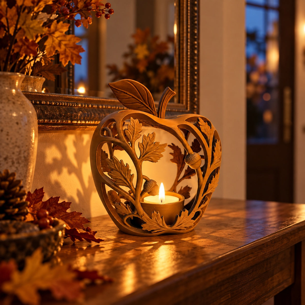 Green apple-shaped leaf-and-acorn tealight holder on a sunlit table