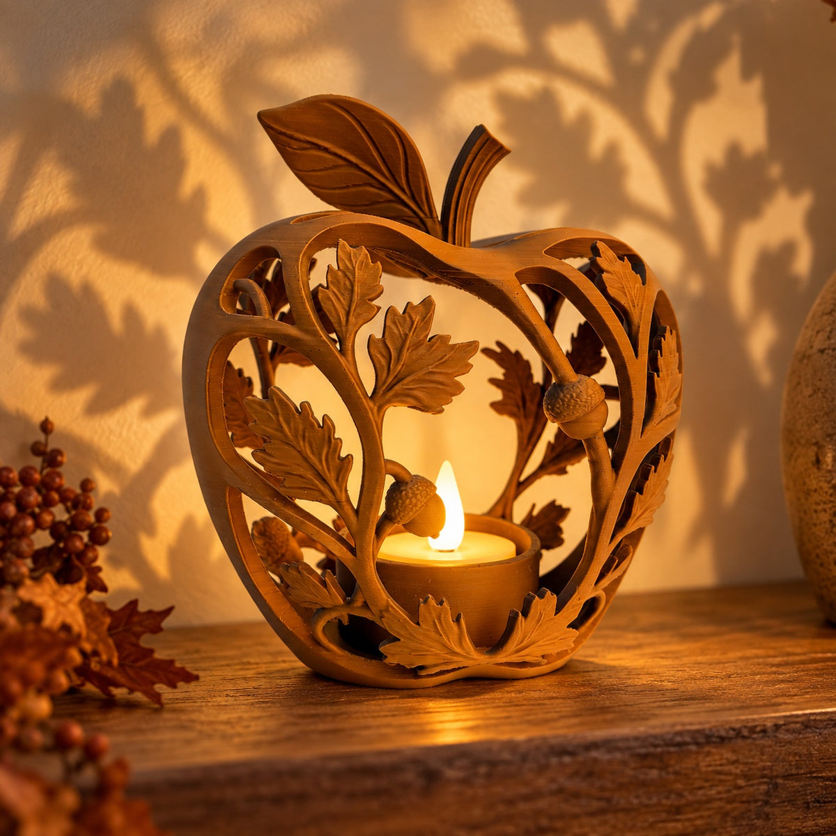 Brown Forest Fall holder casting a warm leafy glow on a wooden surface