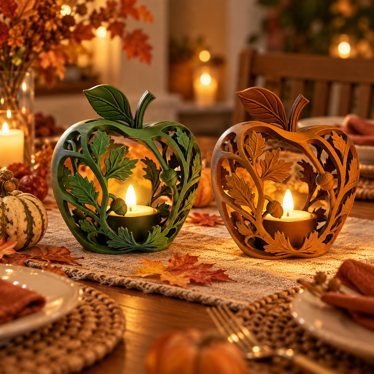 Brown leaf-and-acorn tealight holder glowing beside seasonal foliage and decor