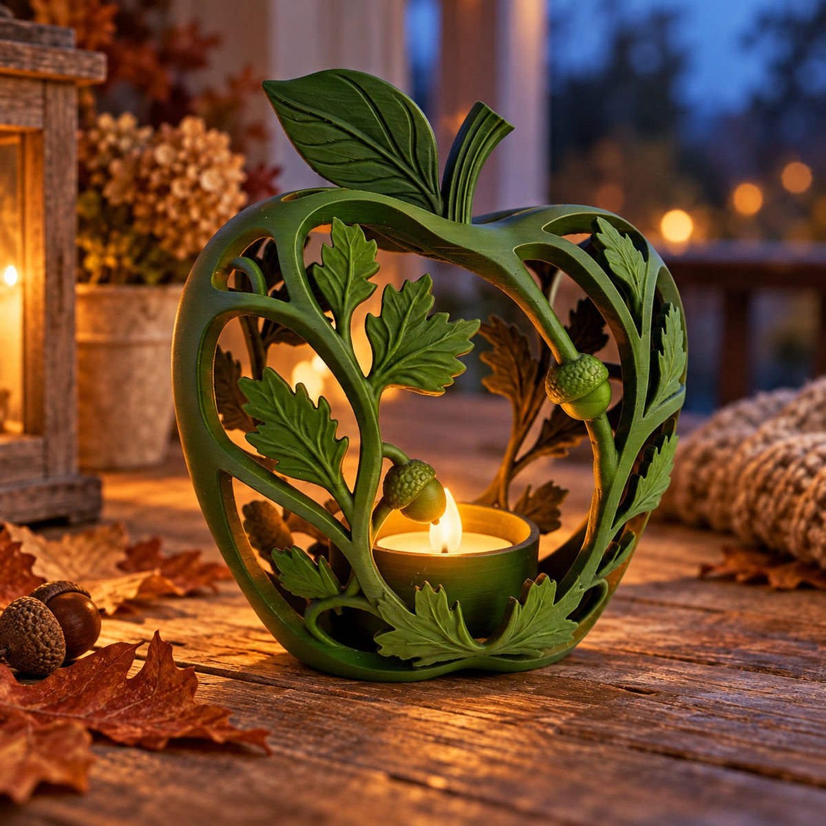 Green Forest Fall tealight holder glowing on a dark wooden table at dusk