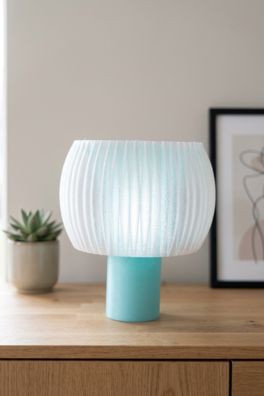 Elegant Funnel Glow Lamp white glowing shade teal base oak sideboard succulent Scandi bright