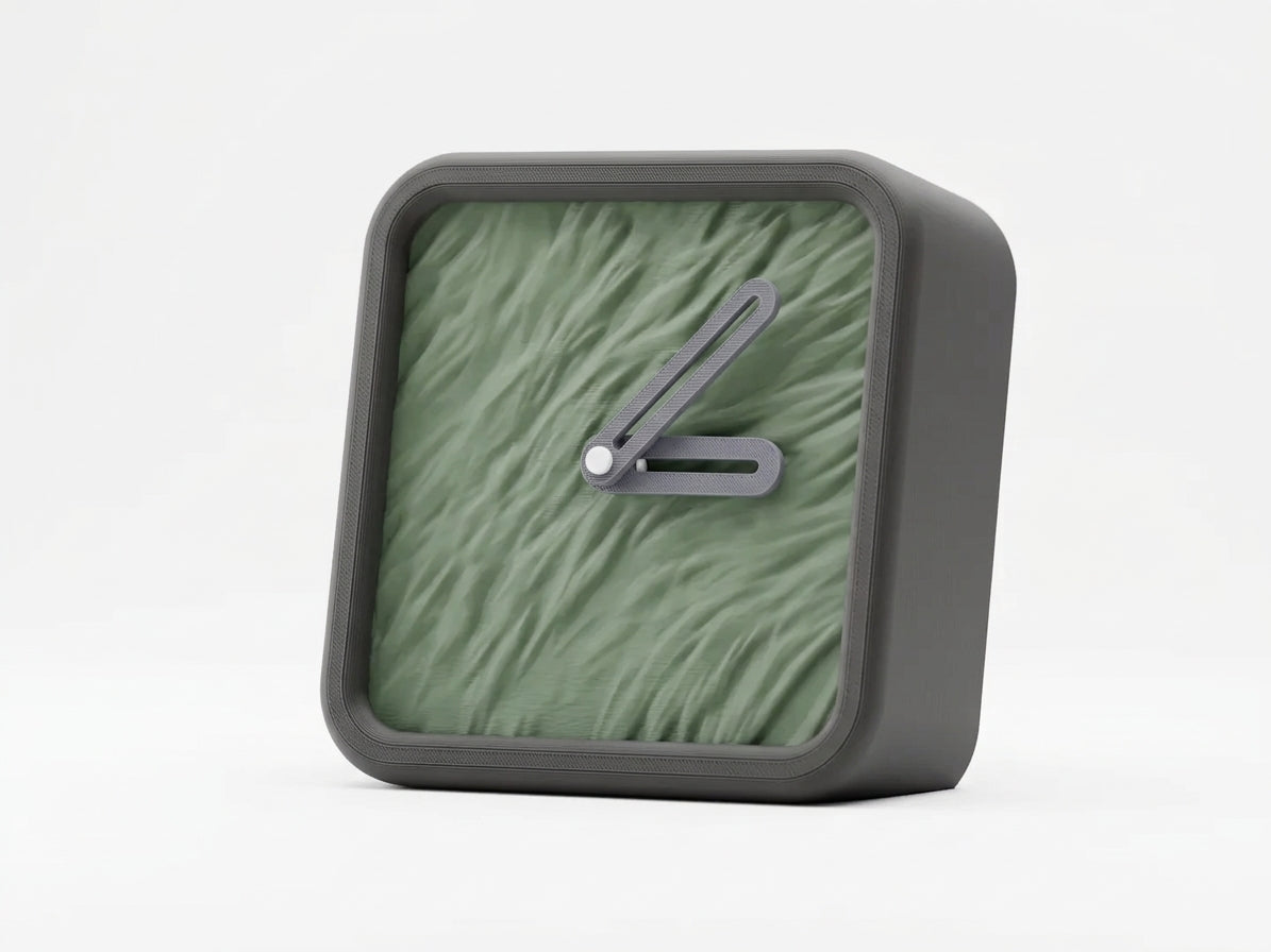 Modern Minimalist Textured Desk Clock product shot front face showing ripple fur texture face with grey hands neutral background